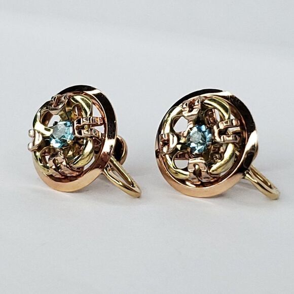 Vintage 12K GF Gold Screwback Earrings Round Flower Blue Crystal Center 1/2" - Picture 3 of 6